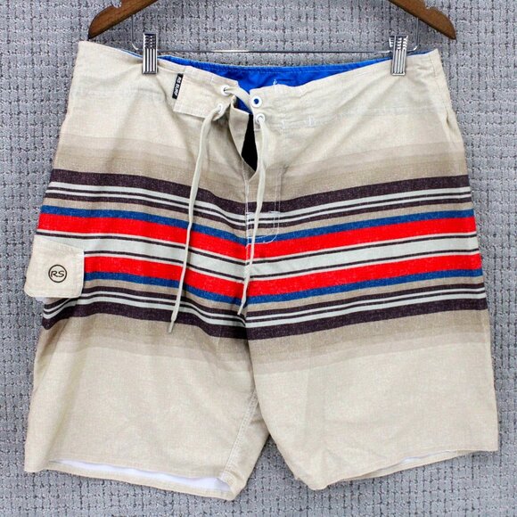 RSSURF Board Shorts Mens Size 38 Multicolor Striped Drawstring Surfing Beach - Picture 1 of 8